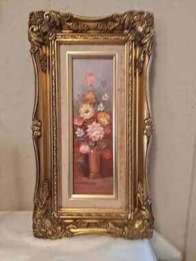 VTG American Artist Robert Cox Floral Still Life Golden Wooden Frame 4 X 12